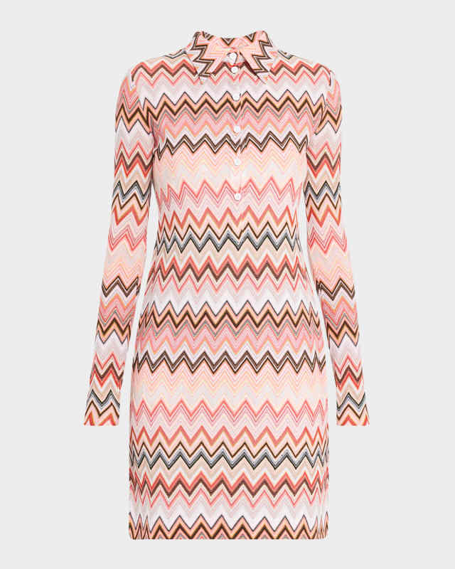 Chevron Long-Sleeve Mini Polo Shirtdress